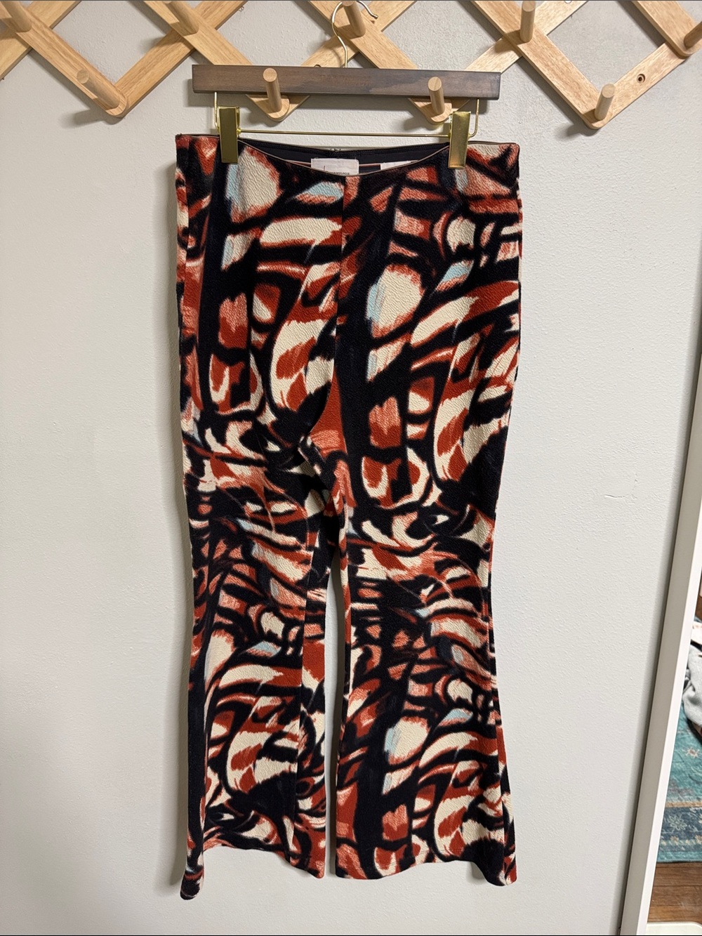 Anthropologie Abstract-Print Boot-Cut Pants in Rust Black Ivory